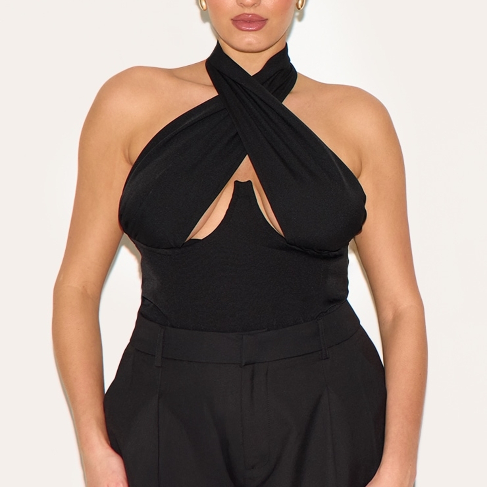 PrettyLittleThing Black Woven Cross Over Zip Top Sz: 20 NWT